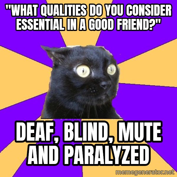 Anxiety Cat meme: "What qualities do you consider essential in a good friend?" / deaf, blind, mute and paralyzed