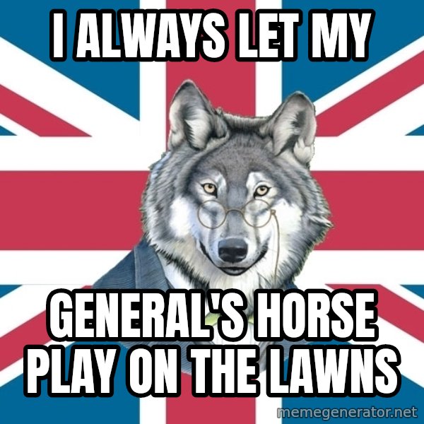 Sir Courage Wolf Esquire meme: I always let my / general's horse play on the lawns