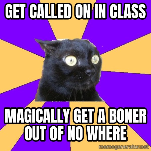Anxiety Cat meme: get called on in class / MAGICALLY GET A BONER OUT OF NO WHERE