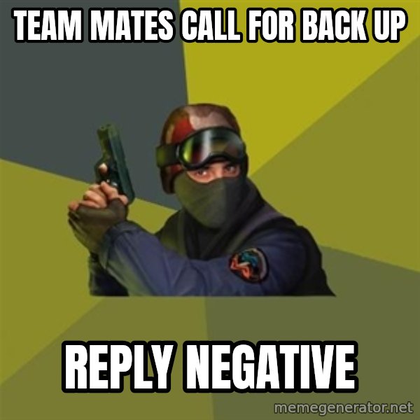 Counter Strike meme: team mates call for back up / reply negative
