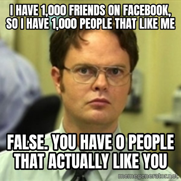 Dwight Schrute meme: I have 1,000 friends on facebook, so i have 1,000 people that like me / False. You have 0 people that actually like you