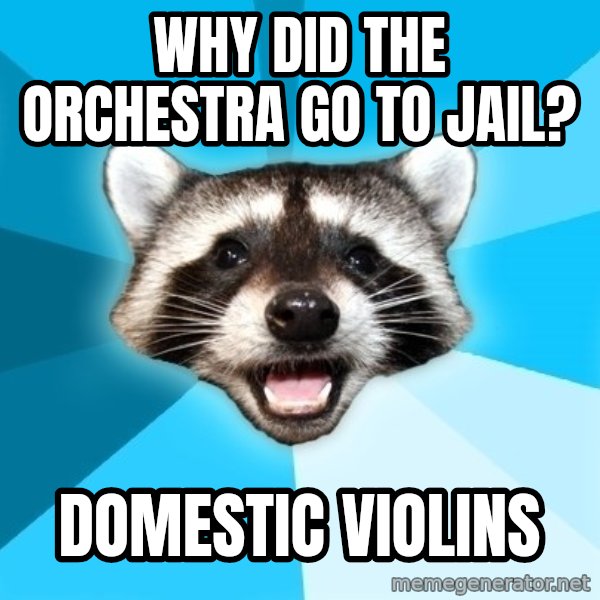 Lame Pun Coon meme: Why did the orchestra go to jail? / domestic violins
