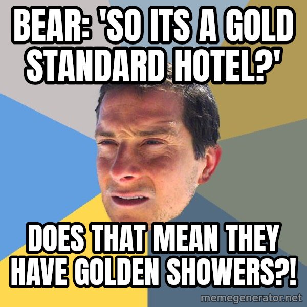 Bear Grylls meme: bear: 'so its a gold standard hotel?' / Does that mean they have golden showers?!