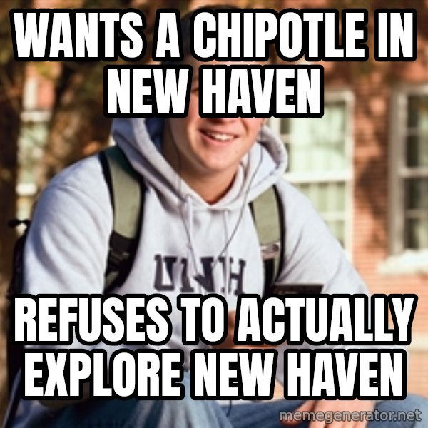 College Freshman meme: Wants A Chipotle in New haven / refuses to actually explore new haven