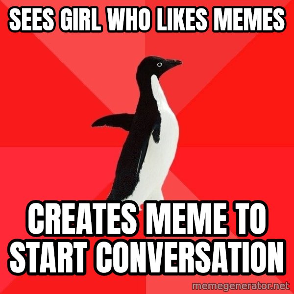 Socially Awesome Penguin meme: Sees girl who likes memes / Creates meme to start conversation