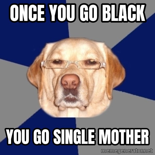 Racist Dawg meme: once you go black / you go single mother