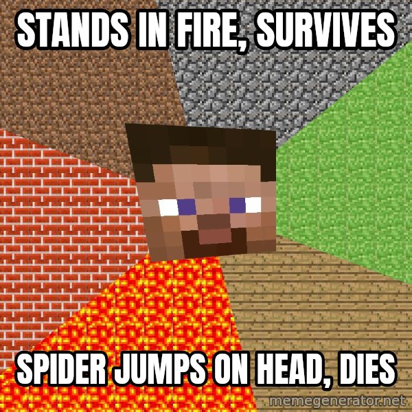 Minecraft Guy meme: STANDS IN FIRE, SURVIVES / SPIDER JUMPS ON HEAD, DIES