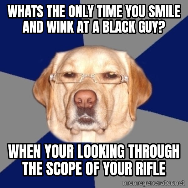 Racist Dawg meme: whats the only time you smile and wink at a black guy? / when your looking through the scope of your rifle
