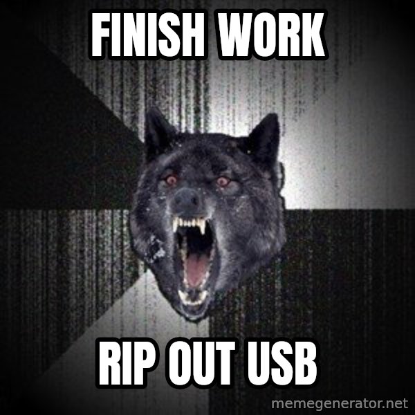 Insanity Wolf meme: finish work / rip out usb