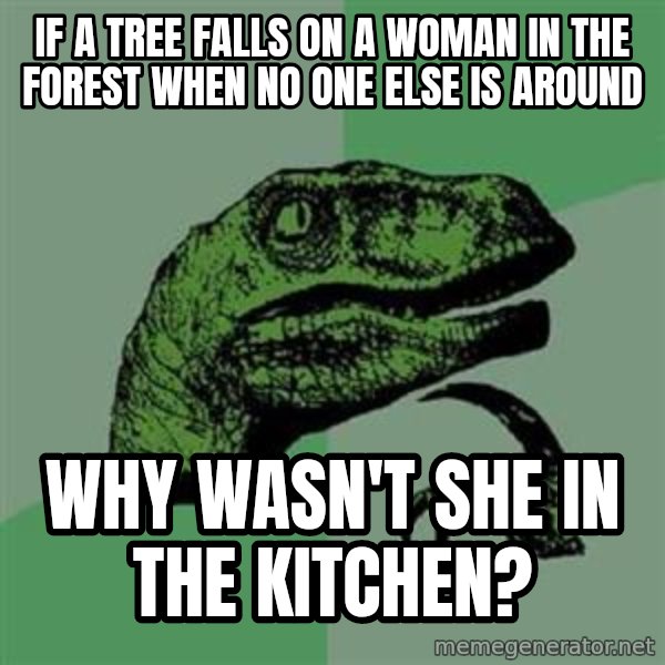Philosoraptor meme: if a tree falls on a woman in the forest when no one else is around / why wasn't she in the kitchen?