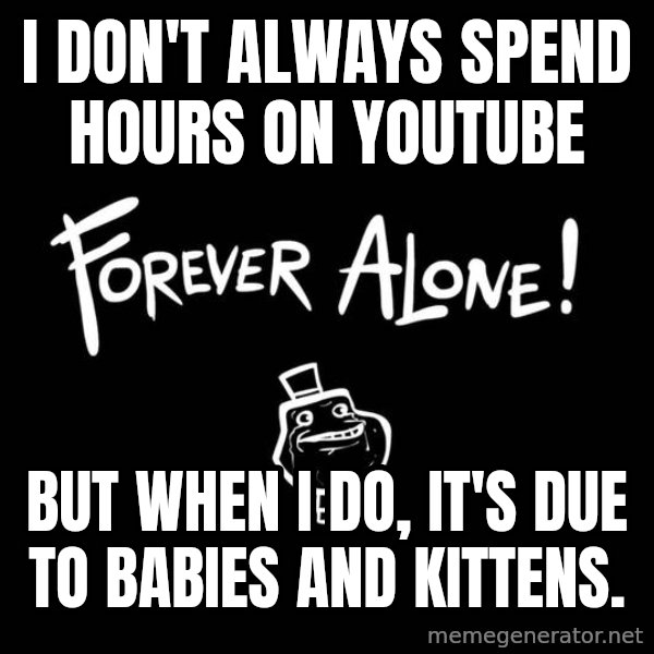 The Most Interesting Man In The World meme: I don't always spend hours on youTube / But when I do, It's due to babies and kittens.