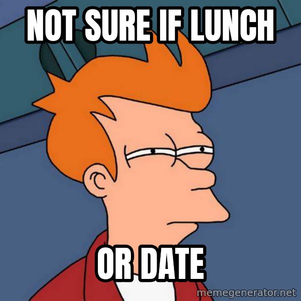 Futurama Fry meme: Not sure if lunch / Or date