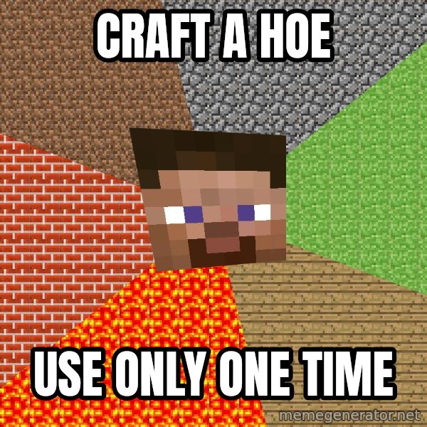 Minecraft Guy meme: CRAFT A HOE / USE ONLY ONE TIME