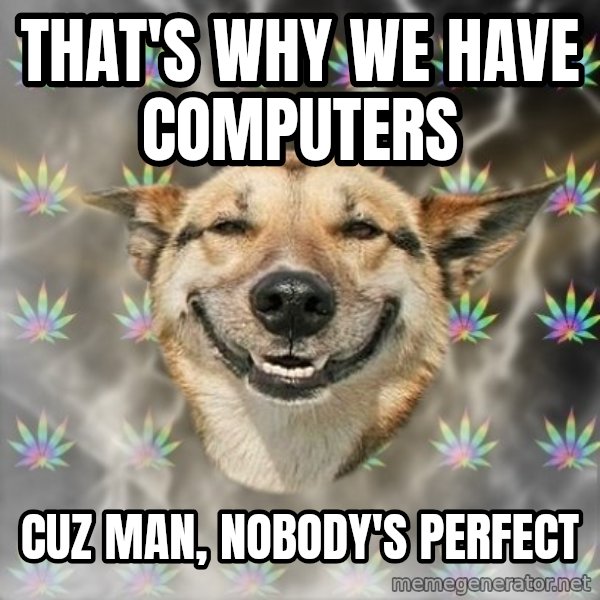 Stoner Dog meme: that's why we have computers / cuz man, nobody's perfect