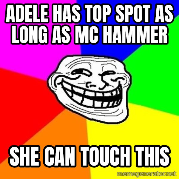 Trollface meme: Adele has top spot as long As mc hammer / She can touch this
