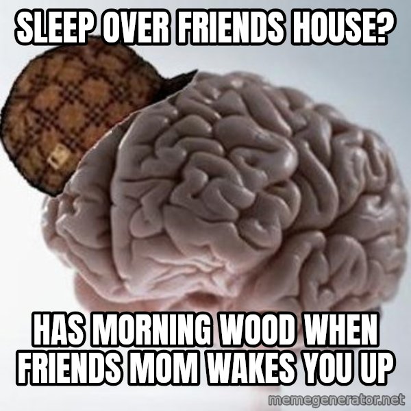 Scumbag Brain meme: Sleep over friends house? / has morning wood when friends mom wakes you up