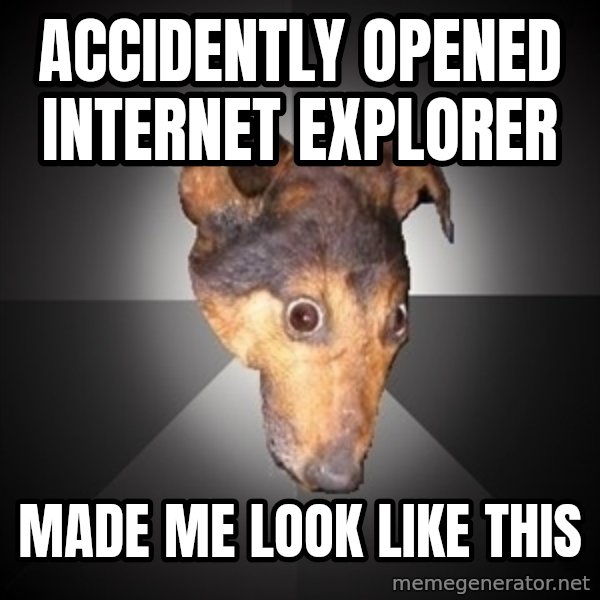 Depression Dog meme: ACcidently openeD Internet explorer / Made mE look like this
