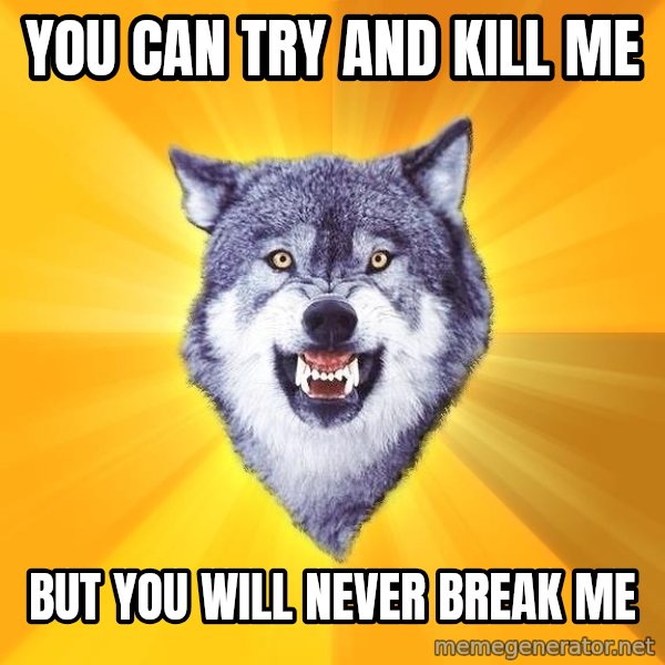 Courage Wolf meme: You can try and kill me / but you will never break me