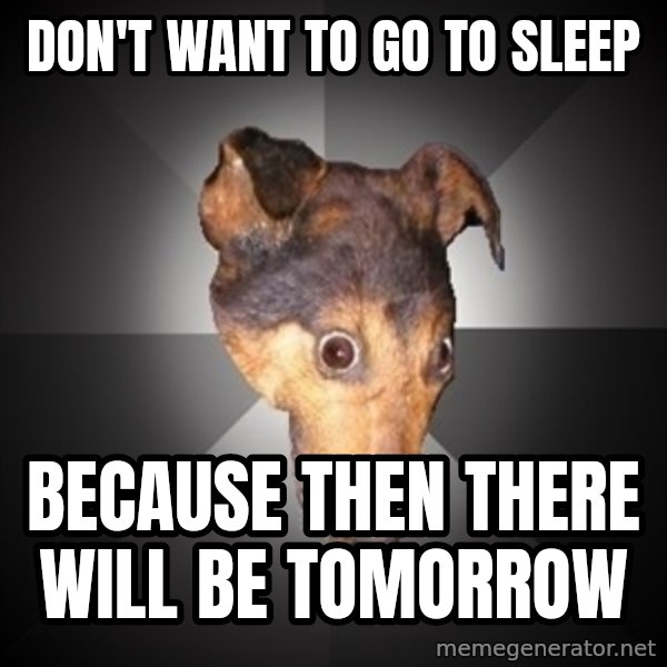 Depression Dog meme: Don't want to go to sleep / because then there will be tomorrow