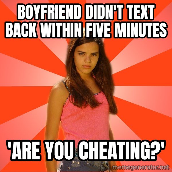 Jealous Girl meme: boyfriend didn't text back within five minutes / 'are you cheating?'