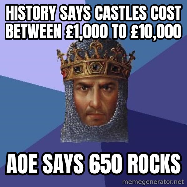 Age Of Empires meme: History says castles cost between £1,000 to £10,000 / AOE says 650 rocks