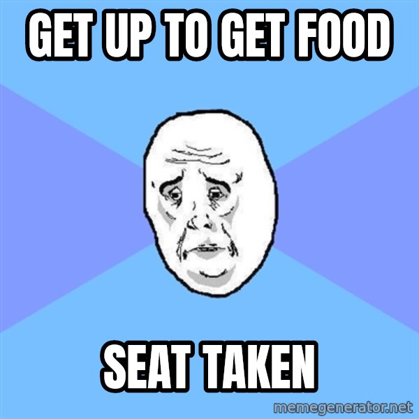 Okay Guy meme: Get up to get food / Seat taken