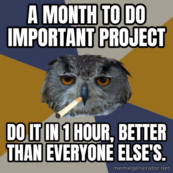 Art Student Owl meme: A month to do important project / do it in 1 hour, better than everyone else's.