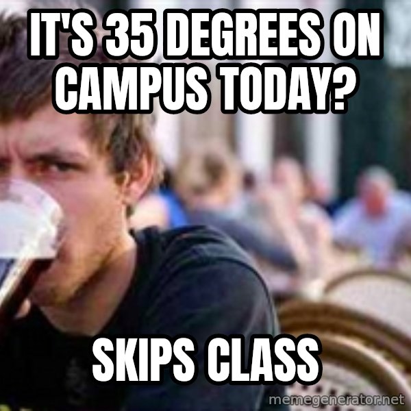 The Lazy College Senior meme: it's 35 degrees on campus today? / skips class