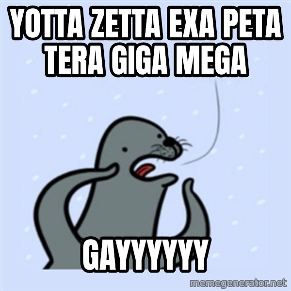 gay seal meme: yotta zetta exa peta tera giga Mega / gayyyyyy