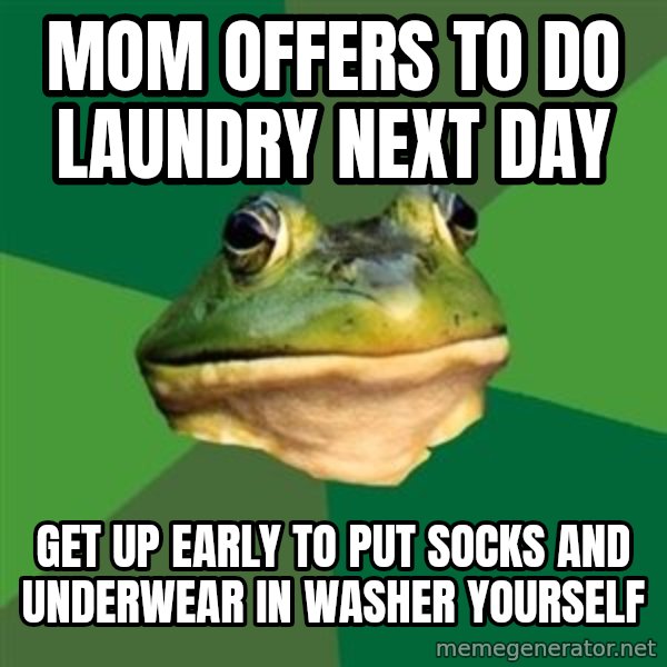 Foul Bachelor Frog meme: mom offers to do laundry next day / get up early to put socks and underwear in washer yourself
