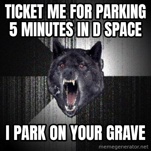 Insanity Wolf meme: Ticket Me for parking 5 minutes in D space / i park on your grave