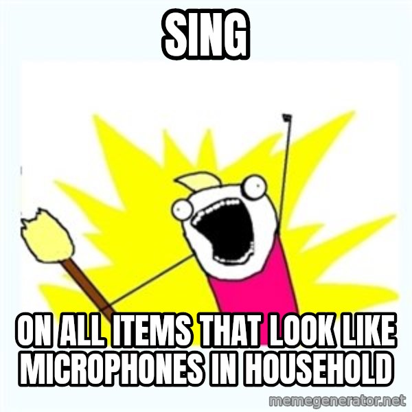 X ALL THE THINGS meme: SING / ON ALL ITEMS THAT LOOK LIKE MICROPHONES IN HOUSEHOLD