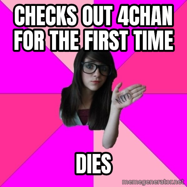Idiot Nerd Girl meme: Checks out 4chan for the first time / Dies