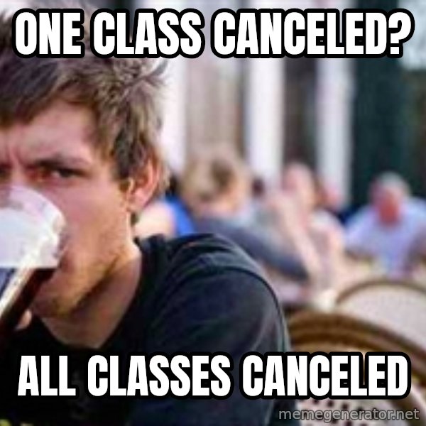 The Lazy College Senior meme: One Class canceled? / all classes canceled