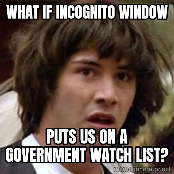 Conspiracy Keanu meme: What if incognito window / puts us on a government watch list?