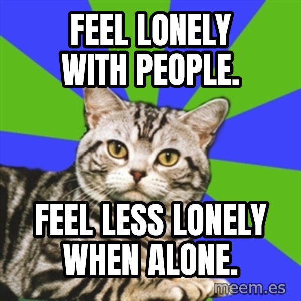 Introvert Cat meme: Feel Lonely with people. / feel less lonely when alone.