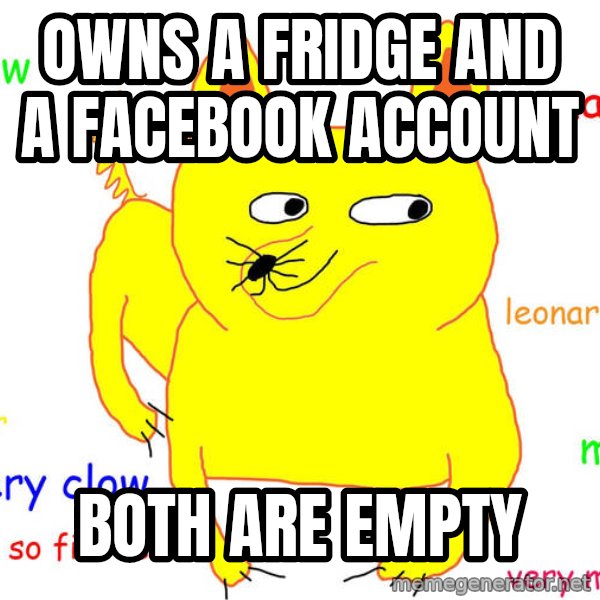 Forever Alone meme: Owns a fridge and a facebook account / both are empty