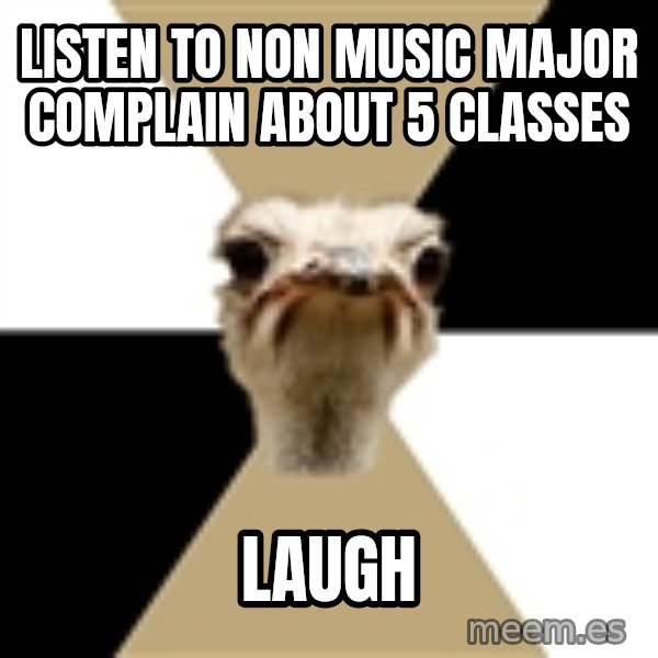 Music Major Ostrich meme: Listen to non music major complain about 5 classes / laugh