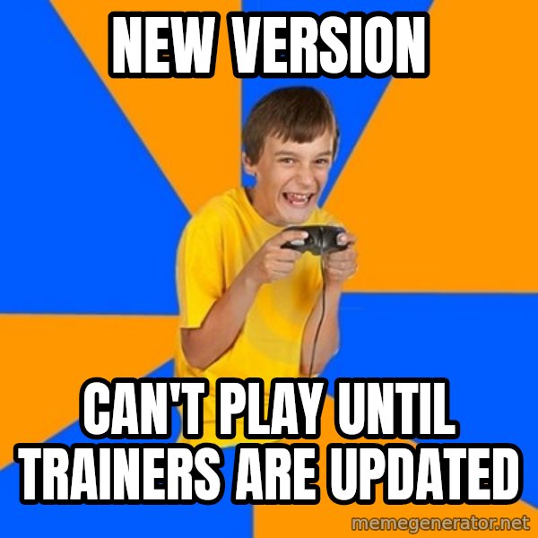 Annoying Gamer Kid meme: new version / can't play until trainers are updated