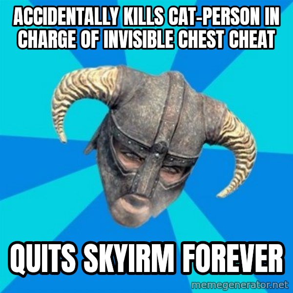 skyrim stan meme: accidentally kills cat-person in charge of invisible chest cheat / quits skyirm forever