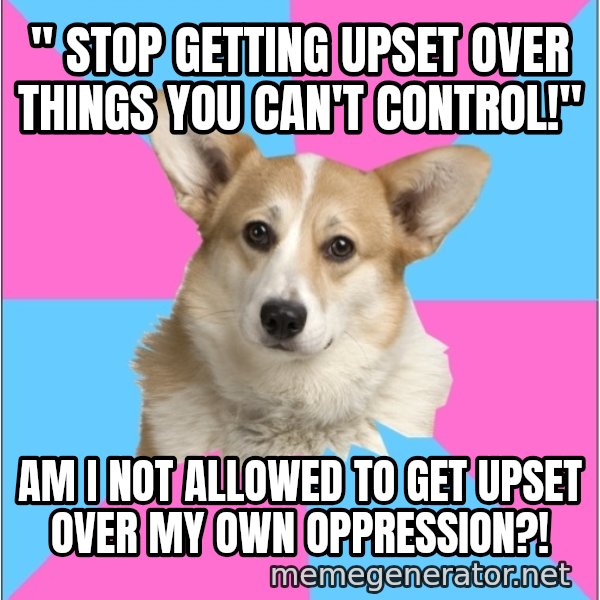 Critical Feminist Corgi meme: " Stop getting upset over things you can't control!" / Am I not allowed to get upset over my own oppression?!