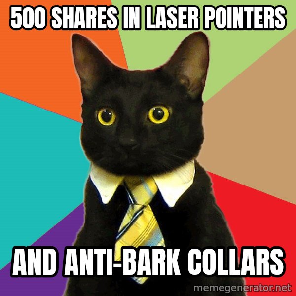 Business Cat meme: 500 shares in laser pointers / and anti-bark collars