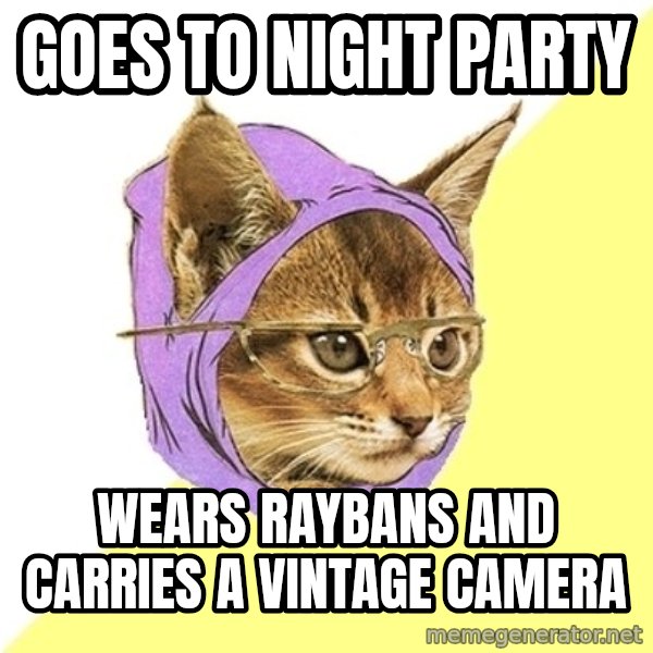 Hipster Kitty meme: goes to night party / wears raybans and carries a vintage camera