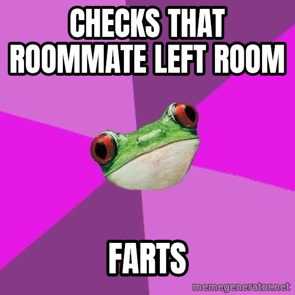 Foul Bachelorette Frog meme: Checks that roommate left room / farts