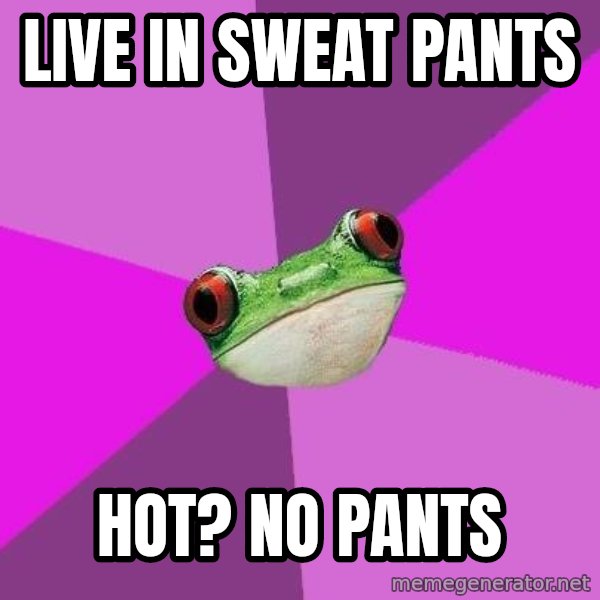 Foul Bachelorette Frog meme: LIVE IN SWEAT PANTS / HOT? NO PANTS