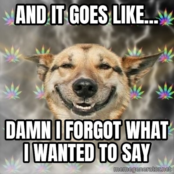 Stoner Dog meme: and it goes like... / damn I forgot what i wanted to say