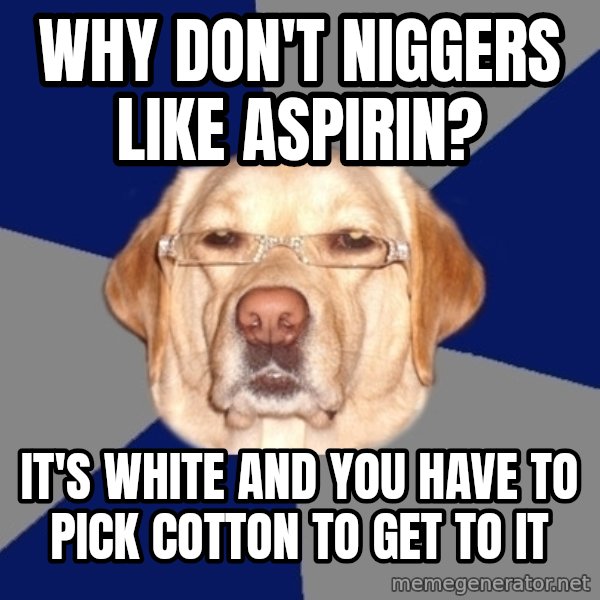 Racist Dawg meme: Why don't niggers like aspirin? / it's white and you have to pick cotton to get to it