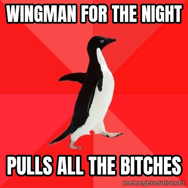 Socially Awesome Penguin meme: wingman for the night / pulls all the bitches
