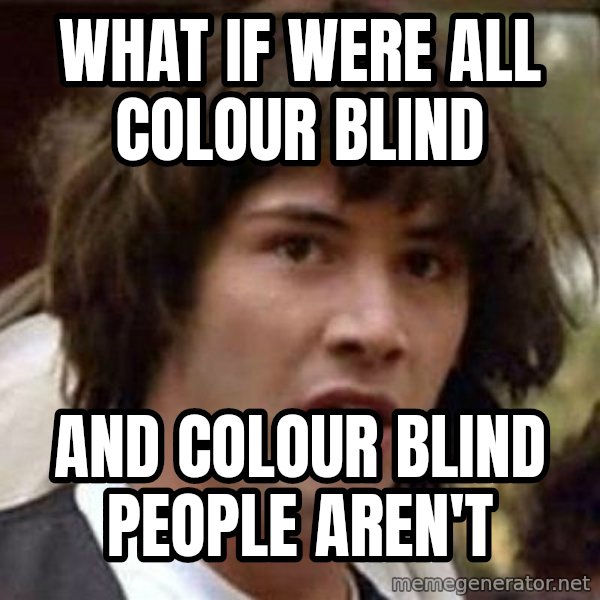 Conspiracy Keanu meme: What if were all colour blind / and colour blind people aren't