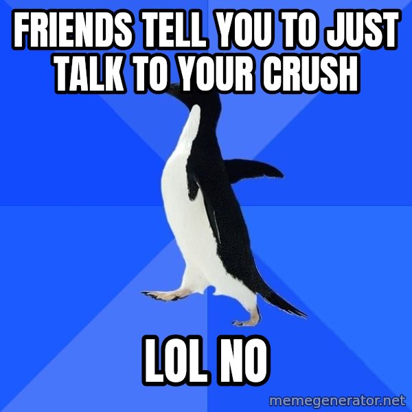 Socially Awkward Penguin meme: friends tell you to just talk to your crush / lol no